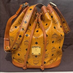 MCM Cognac Logo Visetos Bucket Bag with Tan Trim
